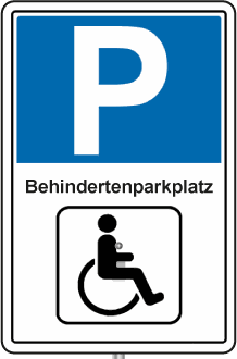 Blaues Parkplatzschild: Behindertenparkplatz, mit Rollstuhlsymbol